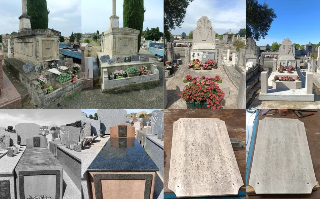 Photos avant et après le nettoyage et la rénovation de tombes et plaques.